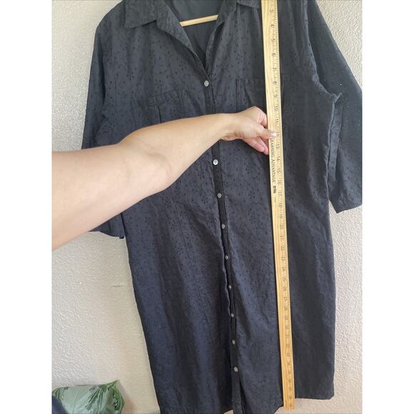 J Jill Womens Dress M Black Embroidered Eyelet Cotton Button Front Short Sleeve - Picture 6 of 8